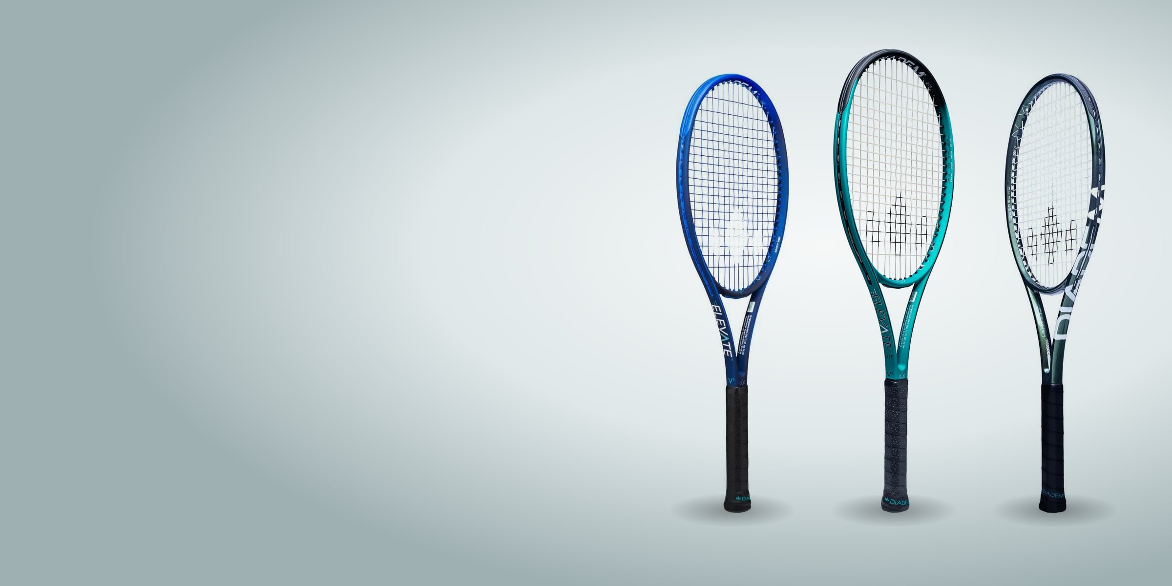 Diadem Elevate Lite 98 V3 in blue, Elevate Lite 98 V3 Limited Edition Teal and Elevate V4 Team 98 tennis rackets